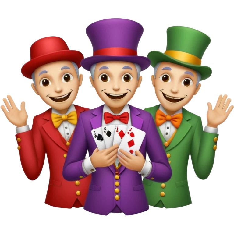 3 poker cards, with crazy colorful human jolly jokers inside, face and body only emoji