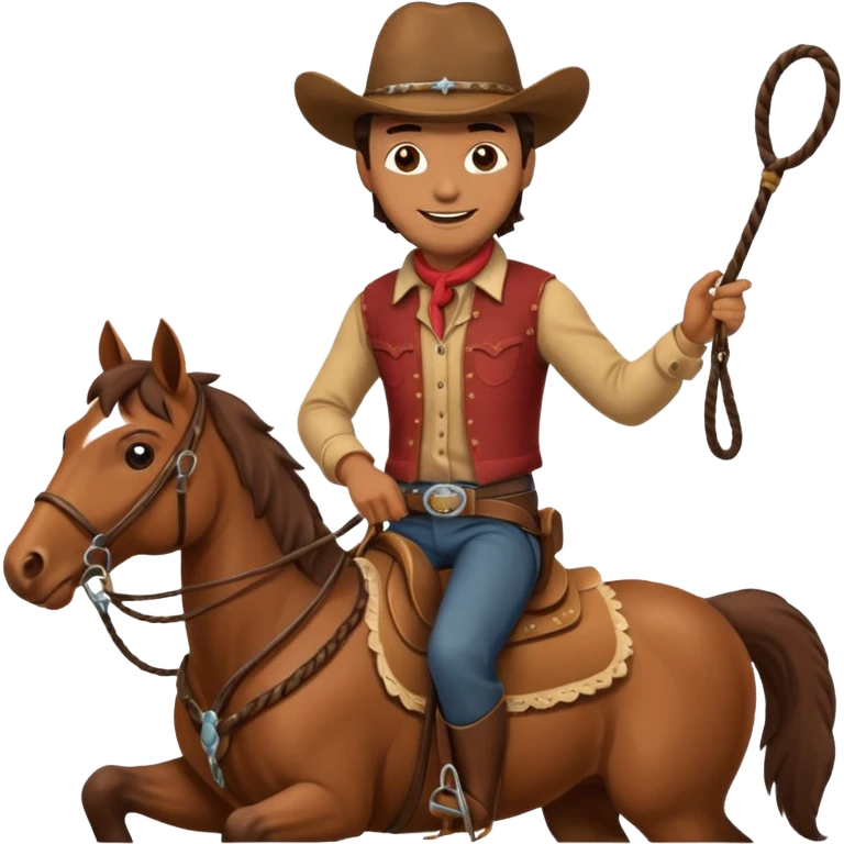 Cowboy riding a horse with whip. With yellow skin and smilling  emoji