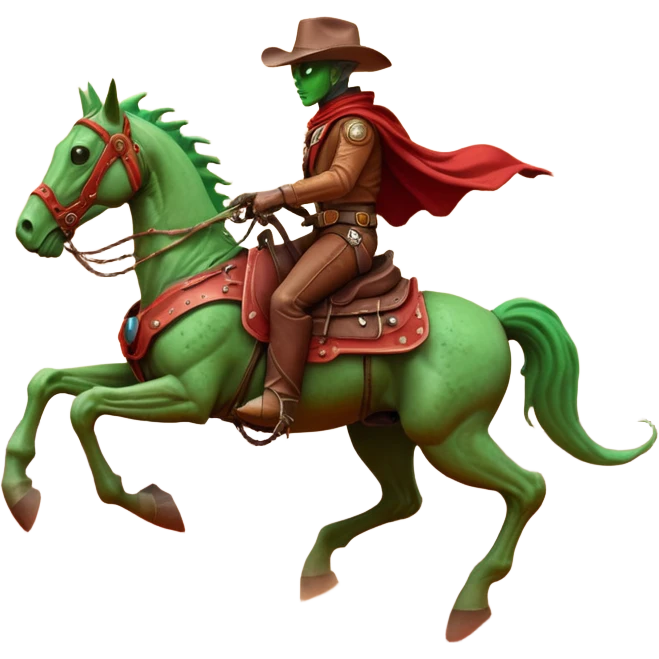 An alien cowboy riding a mechanical horse across a red Martian desert, two moons in the sky, dust storm swirling, wide cinematic shot, dramatic composition, hyper detailed, sci-fi western fusion emoji