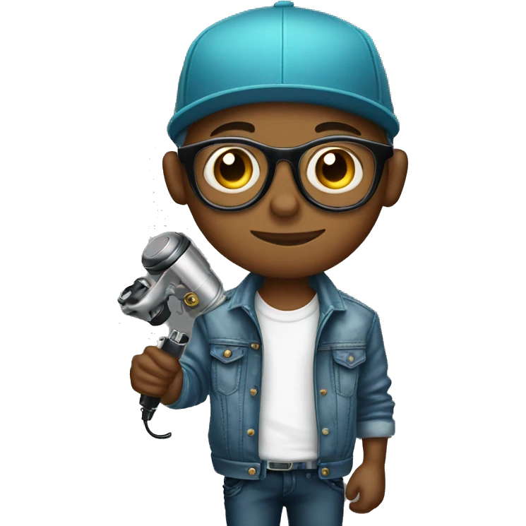 cap, jacket and glasses boy holding tattoo machine emoji