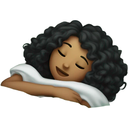 girl with curly black hair sleeping in bed with faded green striped comforters emoji