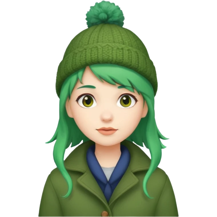 Girl with green hair wearing winter coat and a woolen hat with a relaxed posture and friendly face emoji