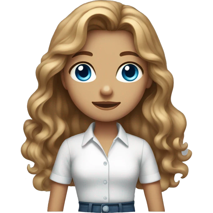 girl with long light brown wavy hair blue eyes wearing a white shirt emoji
