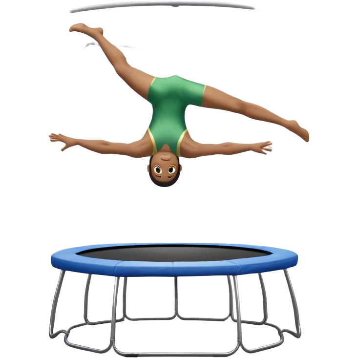 An athletic person soaring high above a trampoline, executing an acrobatic flip with perfect form. The scene captures motion and energy, with a dynamic pose, stretched limbs, and a focused expression. The background suggests a professional trampoline arena with safety padding. emoji