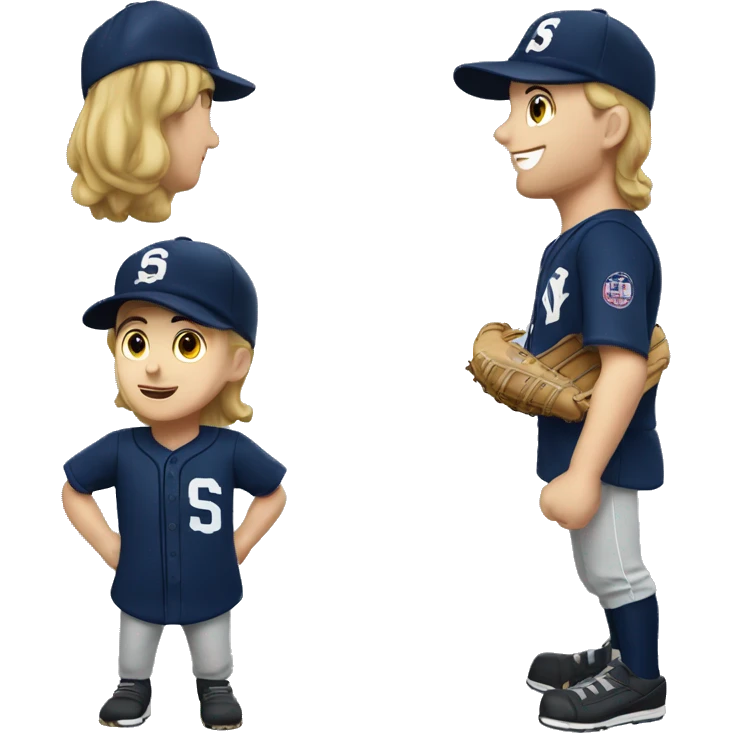Caucasian baseball player with navy jersey and hat with S initial emoji