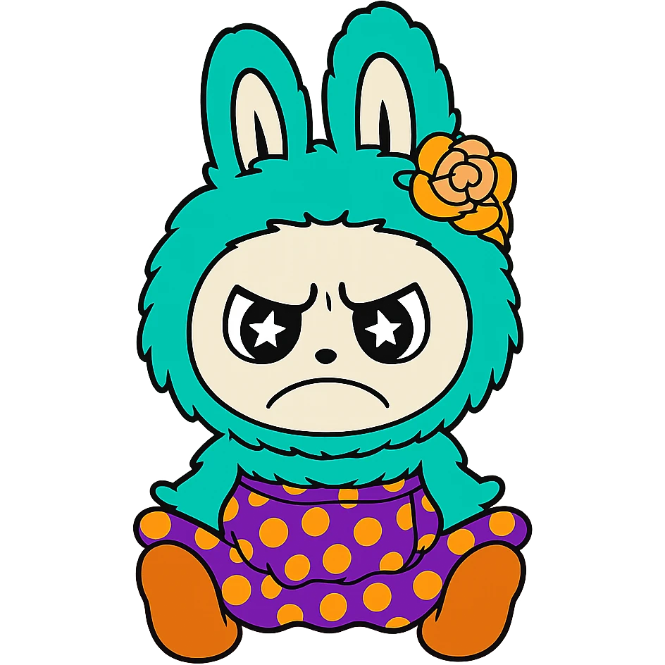 Change only the facial expression of the teal bunny character to an angry, frowning look. Keep the character, pose, and all colors exactly the same as the original. Do not change any other details. Transparent background. emoji