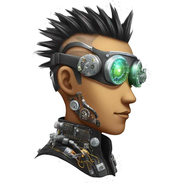 Mohawk hair Asian male cyborg head with neon silver steampunk goggles and circuits emoji