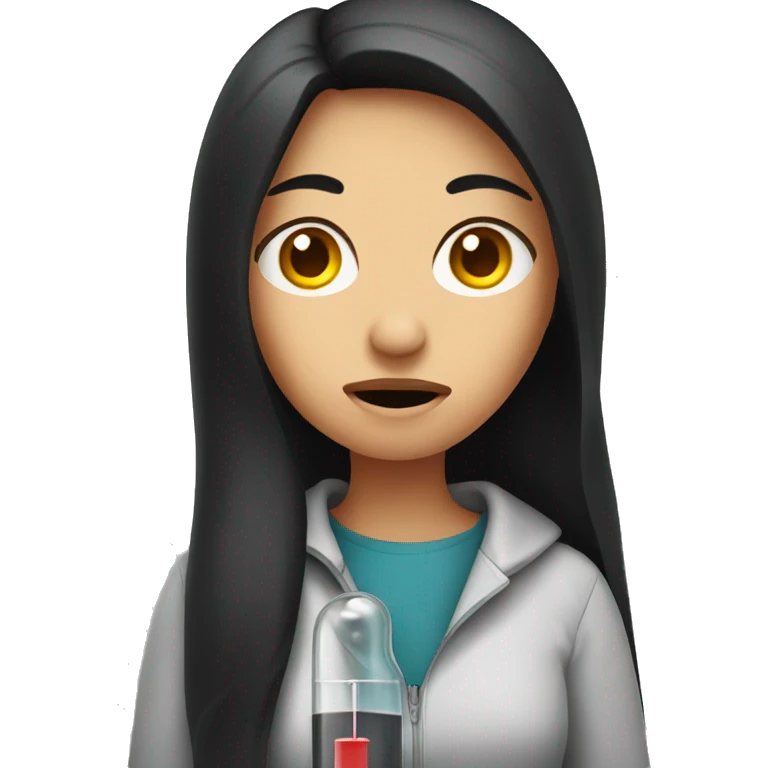 A woman with long dark hair with a thermometer in her mouth and sad look on face emoji