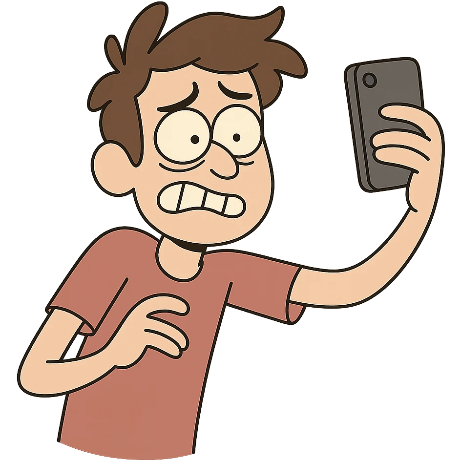 a boy taking a selfie awkwardly, cartoon style emoji