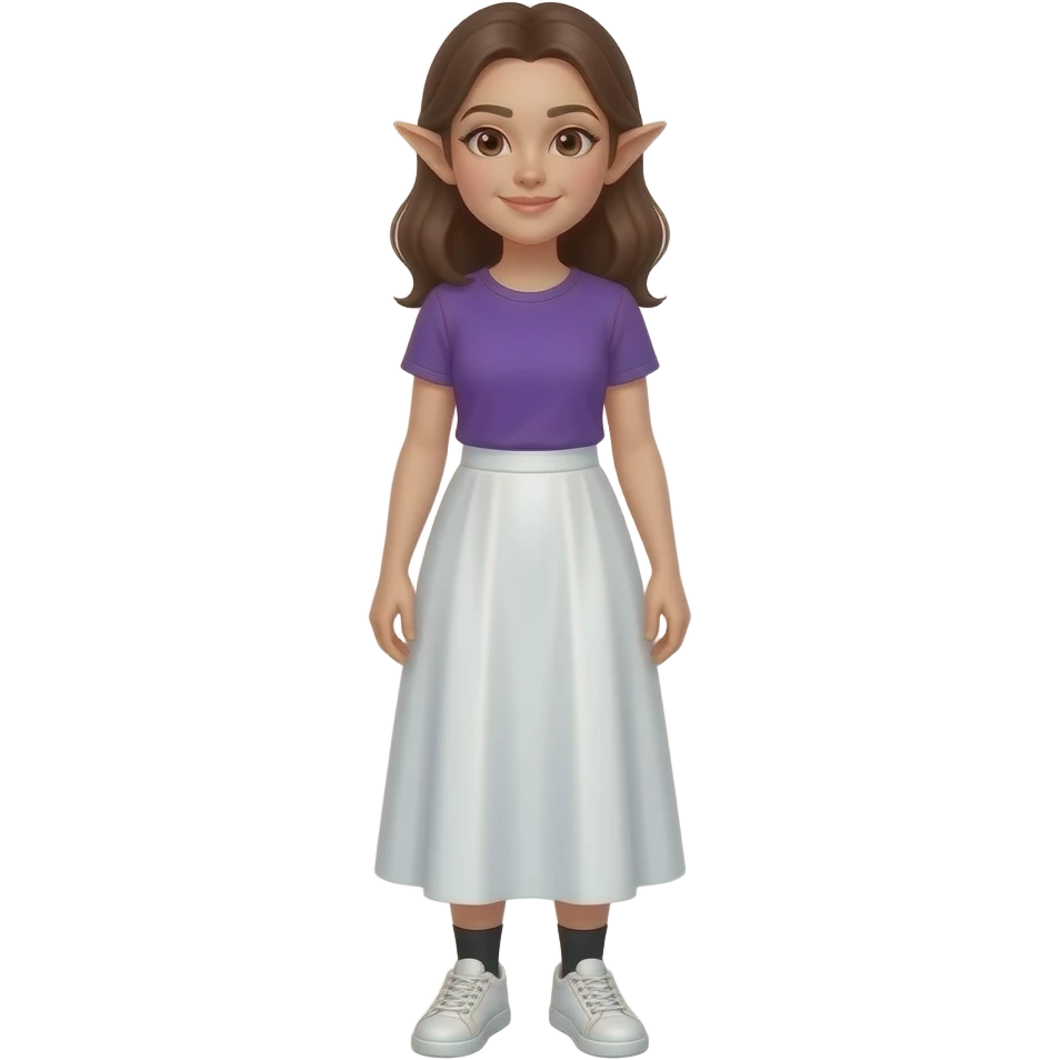 An adult woman with white/fair skin, brown hair, brown eyes and pointy ears and wearing a long white skirt, a purple t-shirt, black socks and white sneakers.. emoji