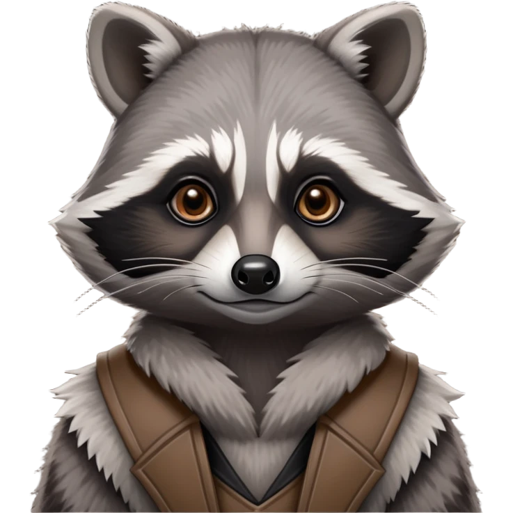 Cinematic-Noble-Raccoon-Portrait-Emoji – Poised and confident, with a sturdy build and a beautifully textured fur of silver-grey accented by dark black facial markings, deep-set, intelligent brown eyes, simplified yet sharp and sophisticated zoom out to show shoulders emoji