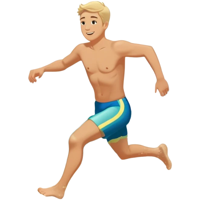 A white man running into the ocean, embracing the waves and the moment. The sun shines warmly, and the water sparkles, symbolizing the joy of creating fun and appreciating life’s simple moments. Their footprints in the sand fade as they fully immerse themselves in the present. emoji