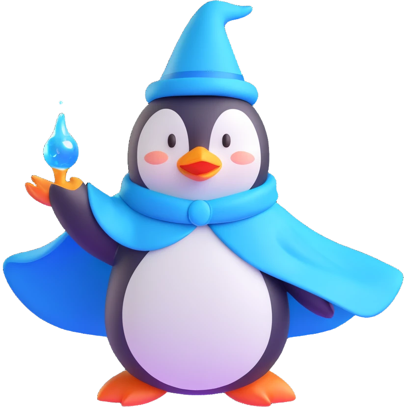 A heroic penguin wizard with a flowing cape, icy blue magic swirling from its flippers, 3D emoji style emoji