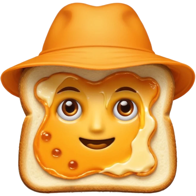 a toastie with melted cheese on the rim and an orange hat and two eyes in left  emoji