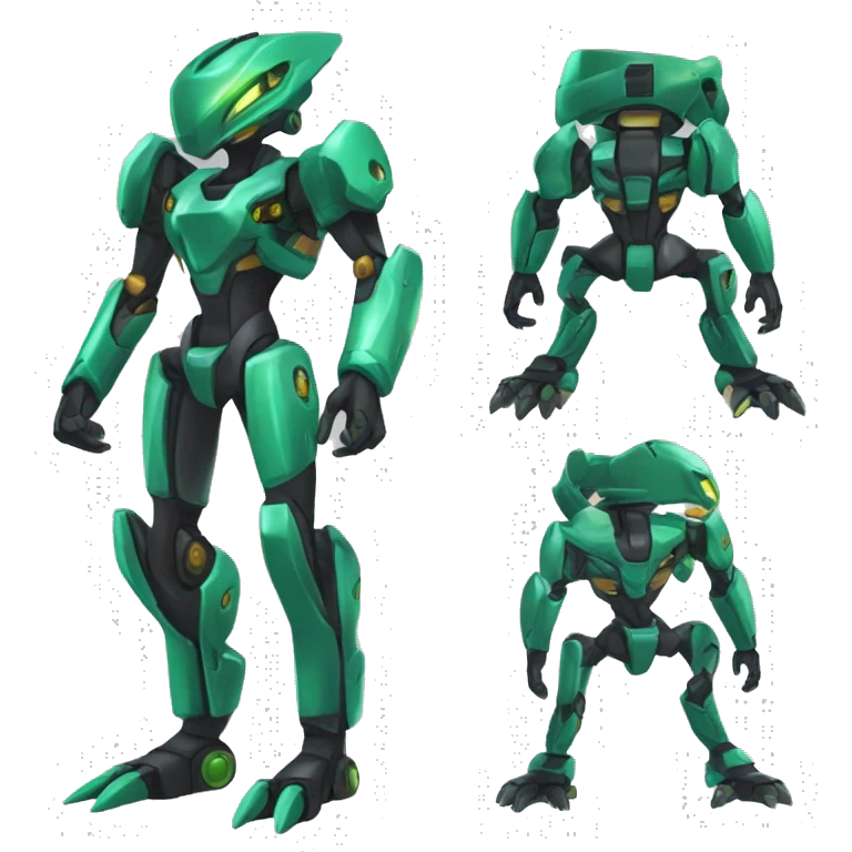 a shiny black-green Genesect-Raptor-Fakémon-Medabot-hybrid with a futuristic visor-helmet full body emoji