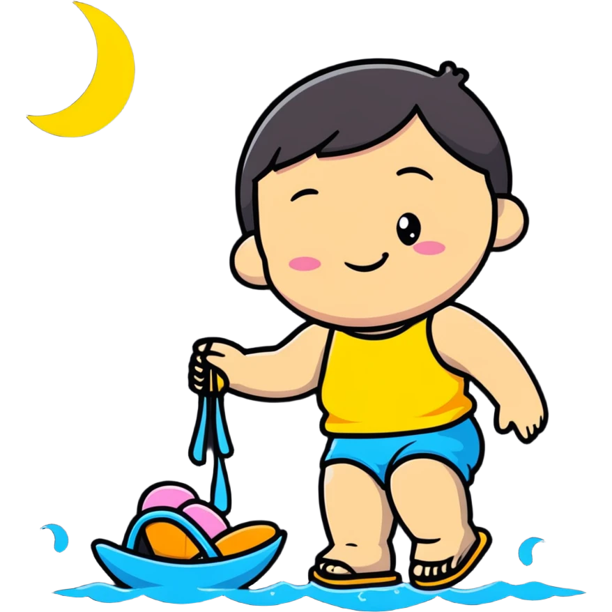 criança sapeca de chinelos, chuva e lua sorridente, cartoonish sticker style emoji