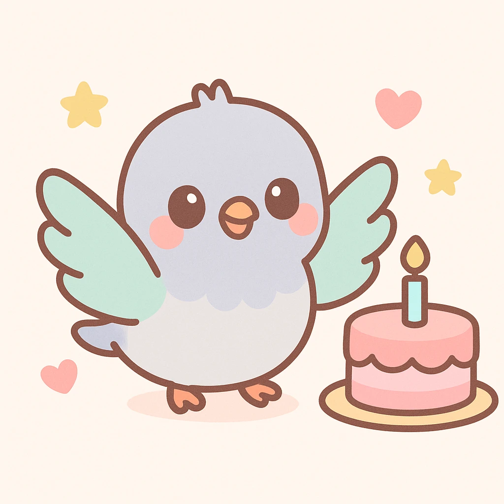 baby pigeon looking at birthday cake with wings spread, joyful and lovely atmosphere, bright and colorful emoji
