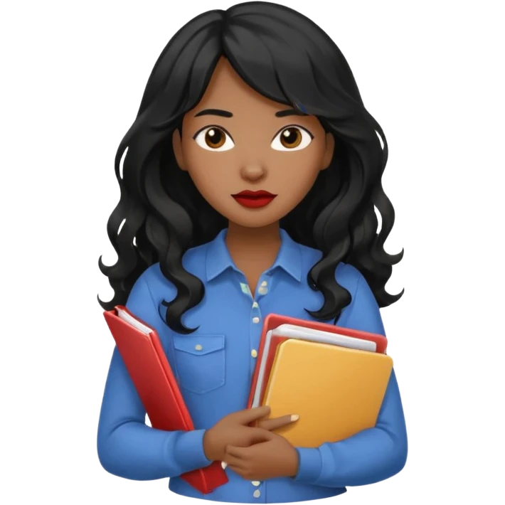 A young woman with long black hair, a wavy frange falling on half of her head. There's a long wavy stretch of hair falling on the side of her head. She's black, medium to dark skinned with thick lips. She's holding folders, and she's a CEO, but she's wearing casual clothes. emoji