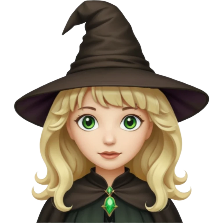 Mulher, branca, cabelos loiros e ondulados com uma franja, olhos verdes e roupa e chapéu de bruxa emoji