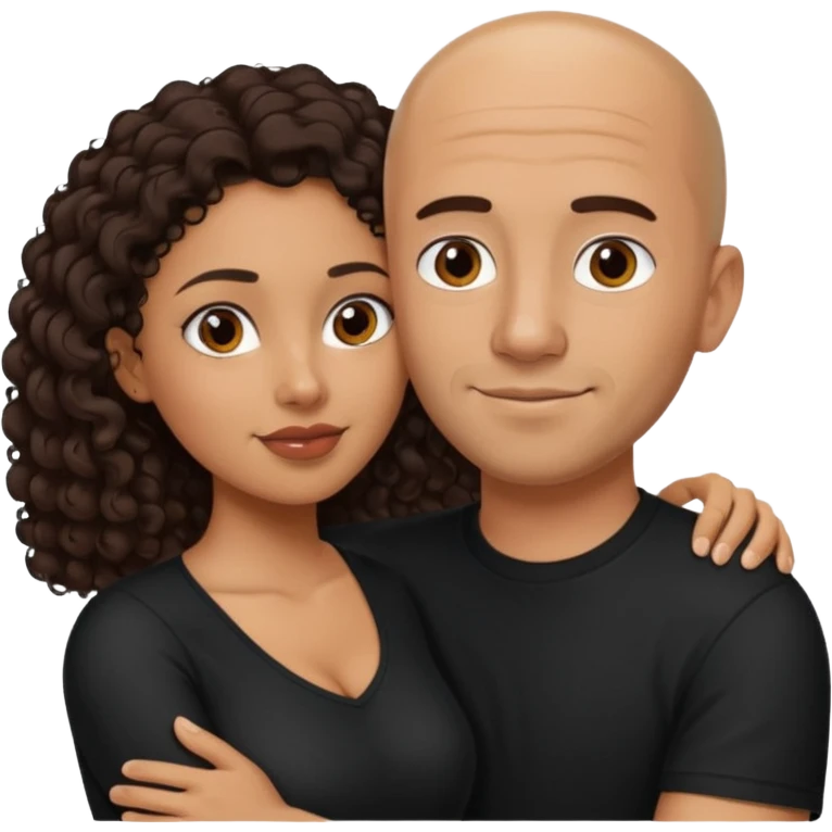 A picture of a tanned couple embracing. the man is a Mexican man with tanned skin, a bald hair cut, short beard and wearing a black shirt. the woman is mixed, with long curly dark brown hair and with big boobs  emoji