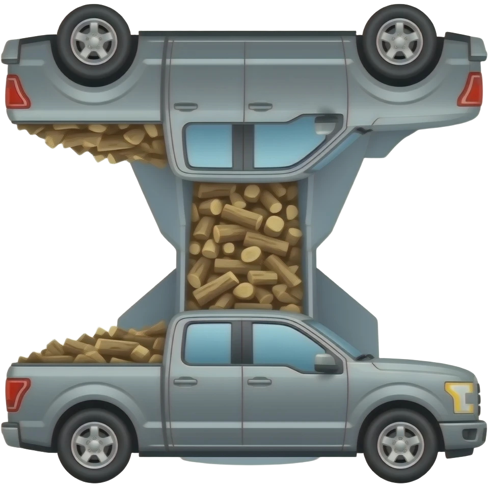 Gray F150 with full of bark wood chips in the back upside down in between two other cars emoji