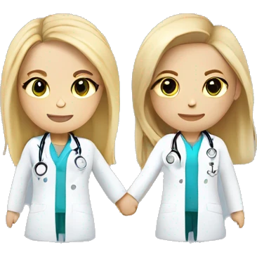 Two light skinned female doctors with long blonde hair and light eyes holding hands emoji