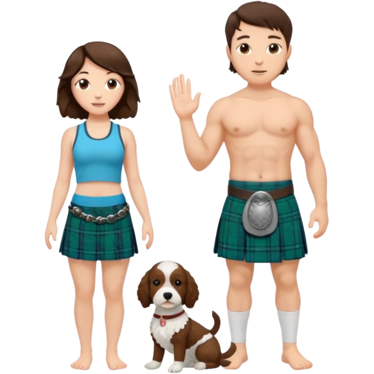 emoji of brunette man wearing kilt, brunette woman in yoga outfit and white cockapoo emoji