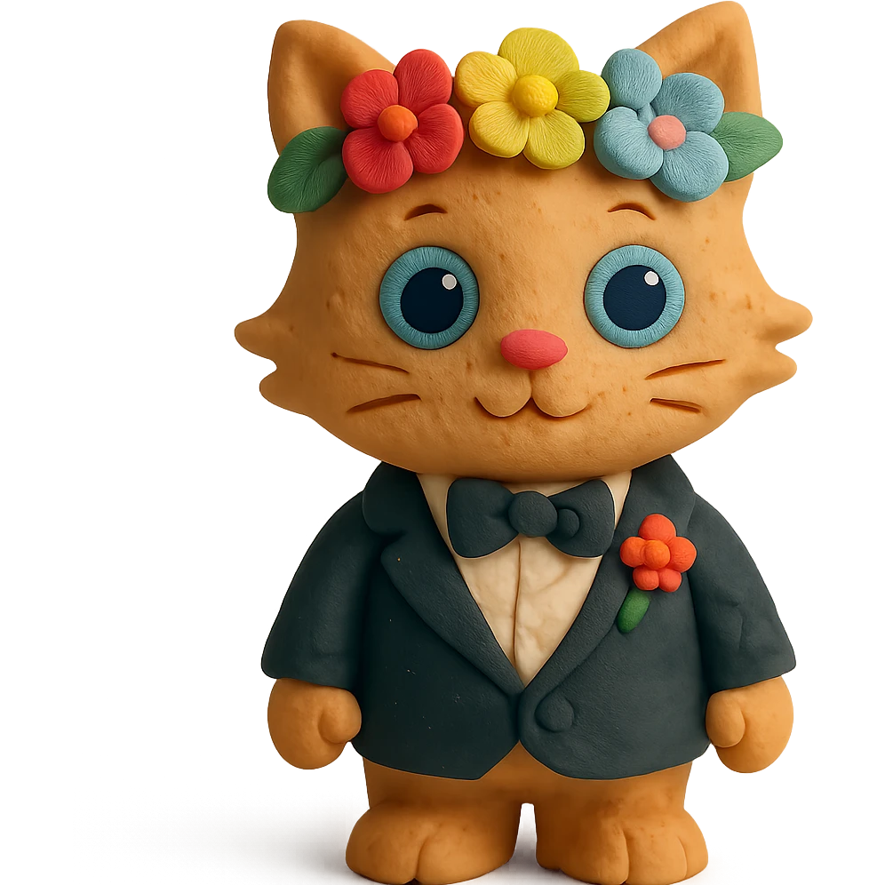 A kitten dressed in a tuxedo and wearing a flower crown emoji