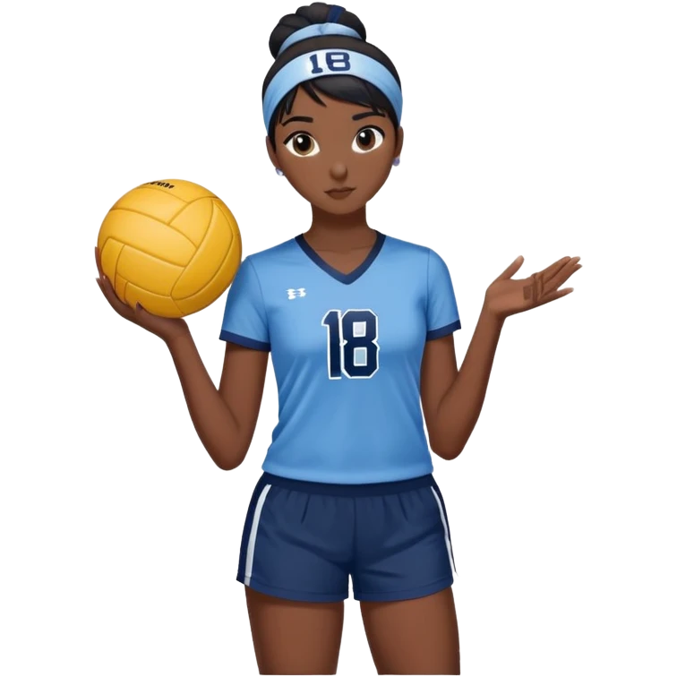 girl volleyball player with dark skin and black hair in a bun with a light blue headband, white and navy blue jersey with the number 18, navy blue shorts, and a volleyball in her hand emoji