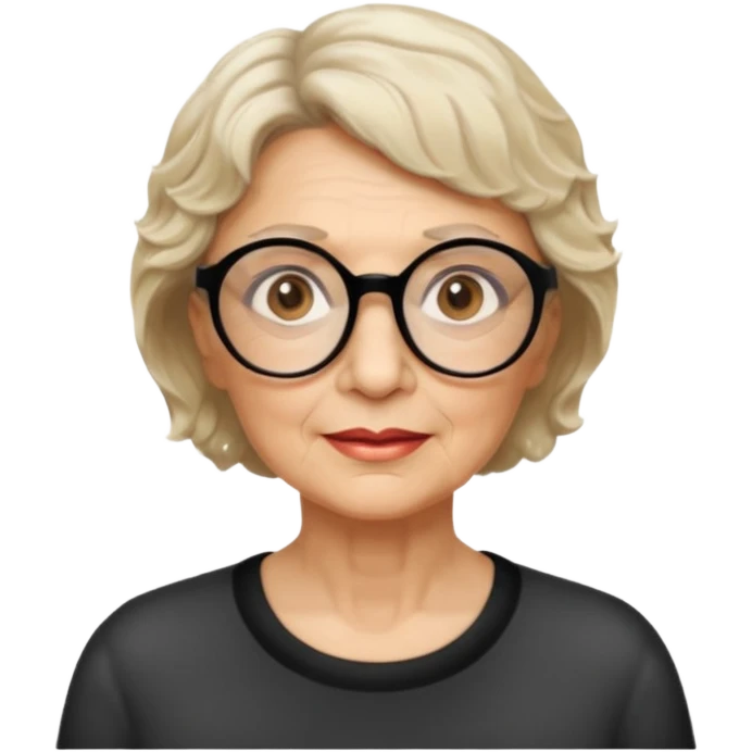 woman 70 years old, very short blonde weavy hair, brown eyes and round dark glasses emoji