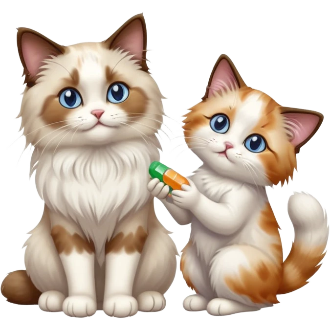 ragdoll cat giving some pills to another cat emoji