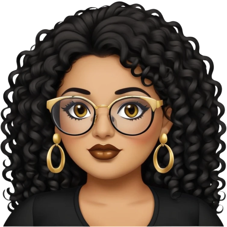 big plus size, latina, darker tan skin, long black curly hair, baddie,pretty, makeup, lipliner, black eyeliner, long hair, gold earrings, black top, black glasses emoji