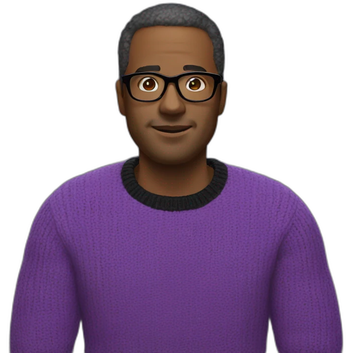 Man, purple sweater, black glasses, bold emoji