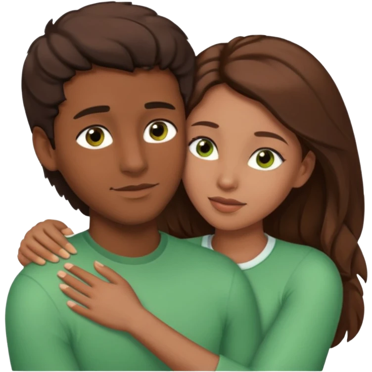 Couple embracing with arms around each other; black woman with brown eyes and lush brown hair, white man with brown hair and green eyes emoji