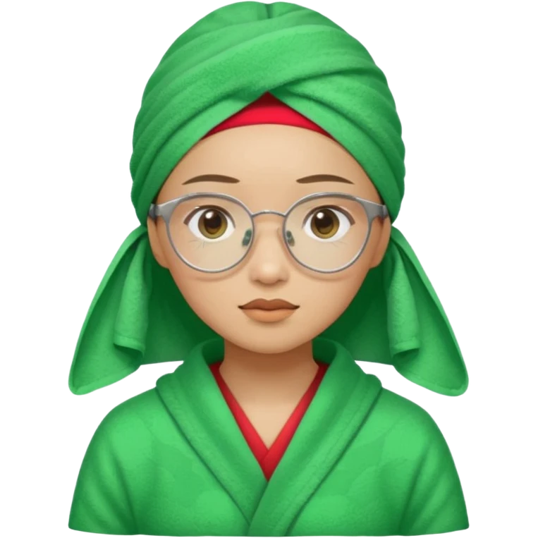 Asian woman wearing a green towel in her head with a broken glasses on her face in red pajamas emoji