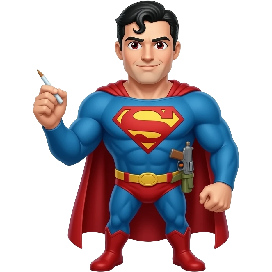 Make this with , the eyes have Cherries as pupils and the left hand is holding a joint and a gas emoji, right hand is relaxed and whole arm is down, emoji is seen until the waist with a water gun tucked Superman with his complete look emoji