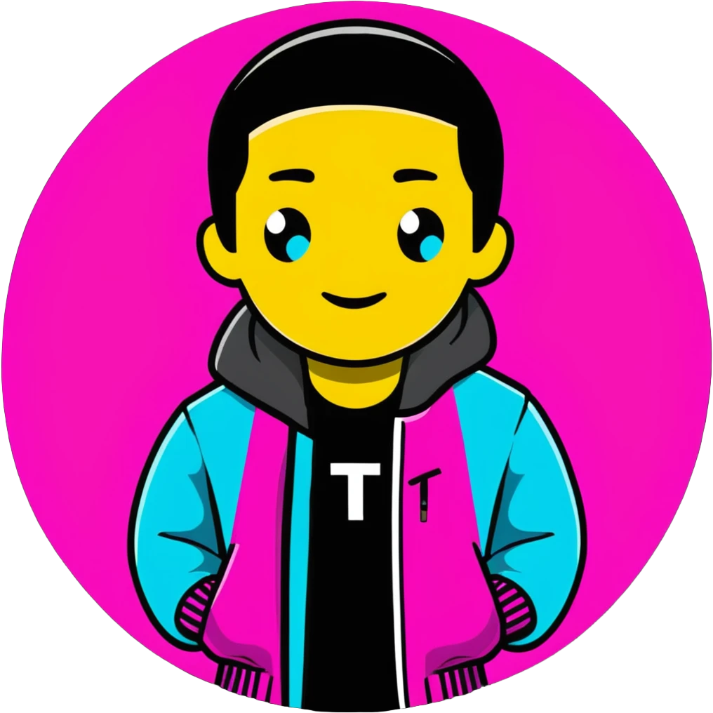 Minimalist sticker with white 'tt' letters on a black circle with cyan, magenta, and yellow dots below, jacket with street style influence emoji