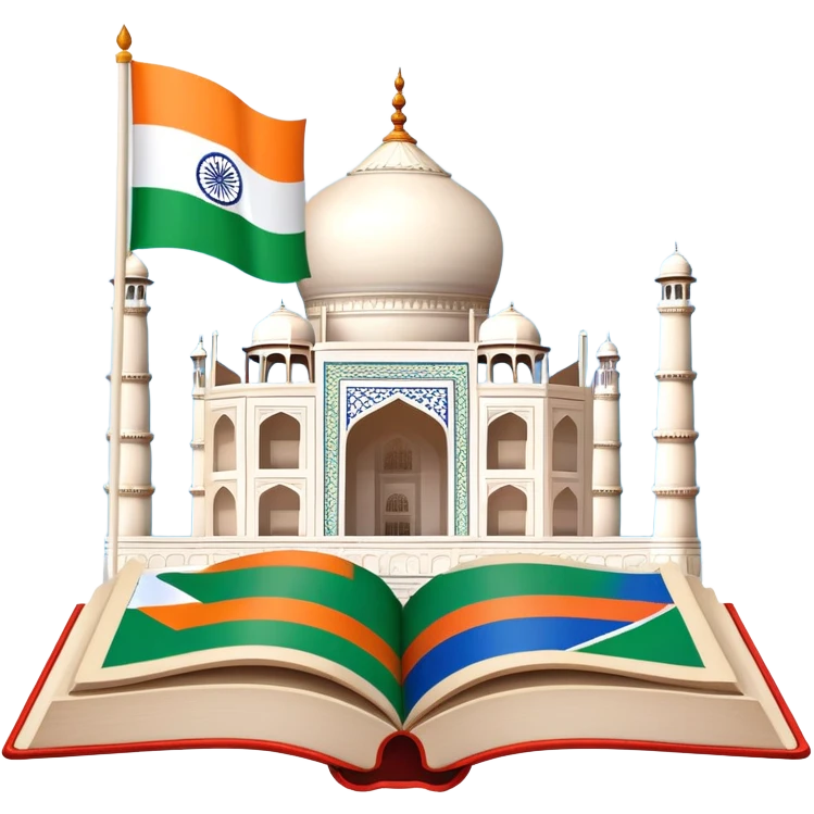 An icon featuring the Taj Mahal and the flag of India, symbolizing the Hindi language. The design includes an open book with Hindi script, representing language learning and cultural richness. Transparent background highlights the heritage of India. emoji