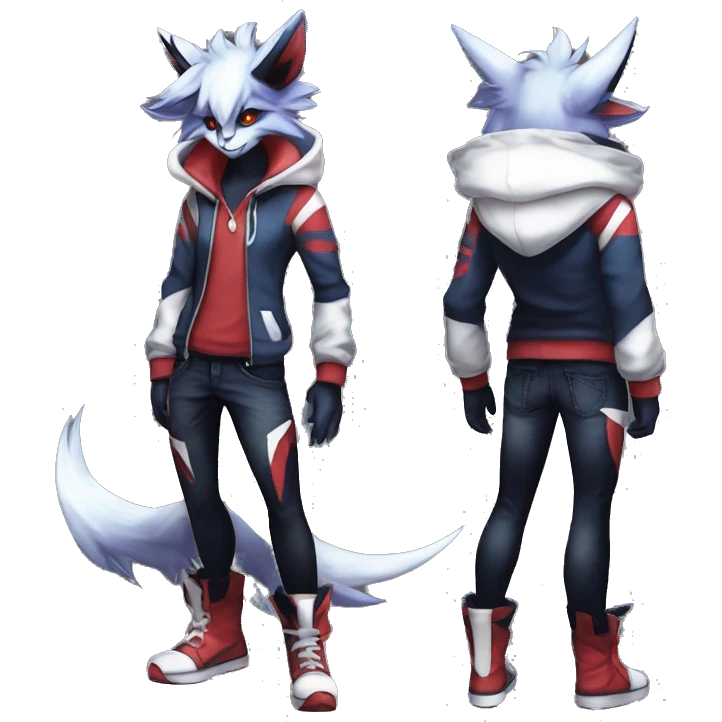 Cool Anthro Dark Absol-Noivern-Quilava-Litten-Pokémon with edgy stripes hoodie spiked collar punk Full Body emoji