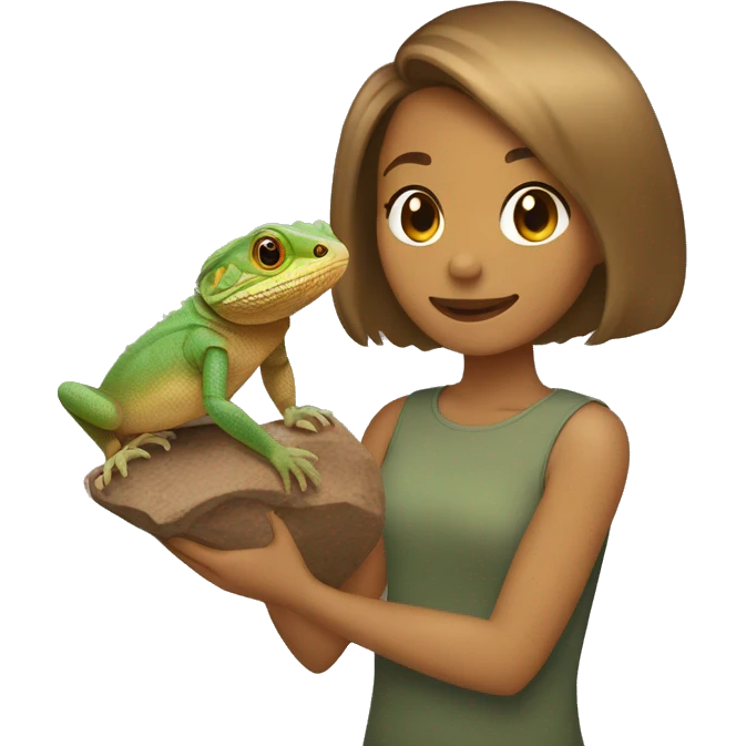 girl with light brown bob haircut holding bearded dragon lizard emoji