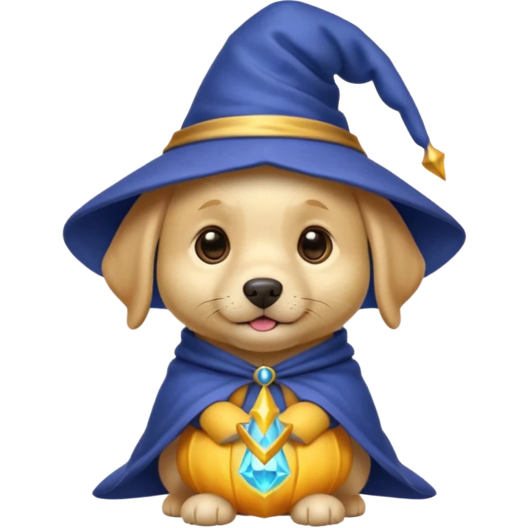 cute labrador puppy dressed as a wizard with a pointed hat, friendly expression emoji