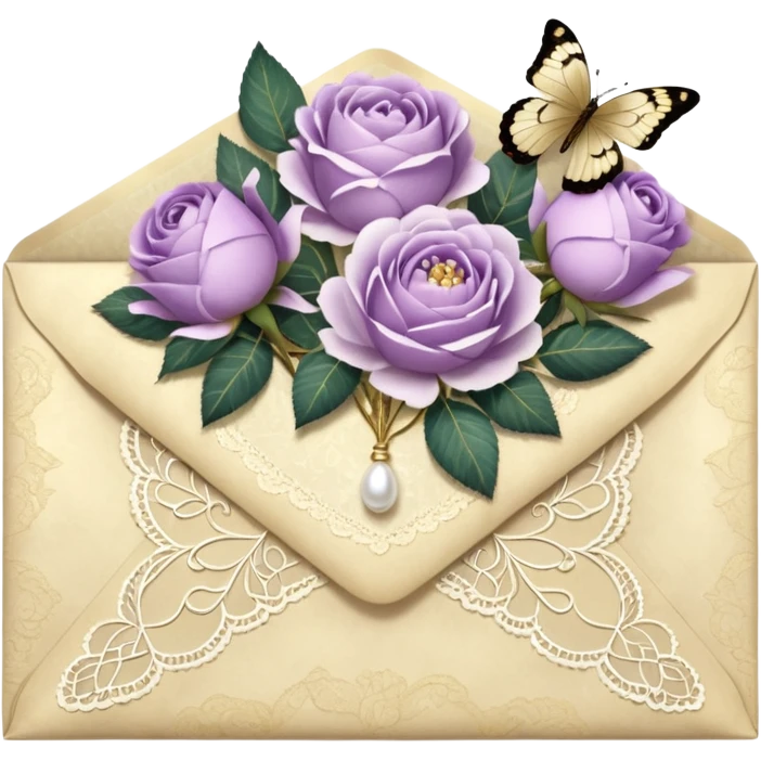 A delicate still life of an aged love letter sealed with golden wax, placed on a vintage lace doily, accompanied by a bouquet of pale purle roses and white peonies, with a shimmering pearl butterfly resting on the envelope. emoji