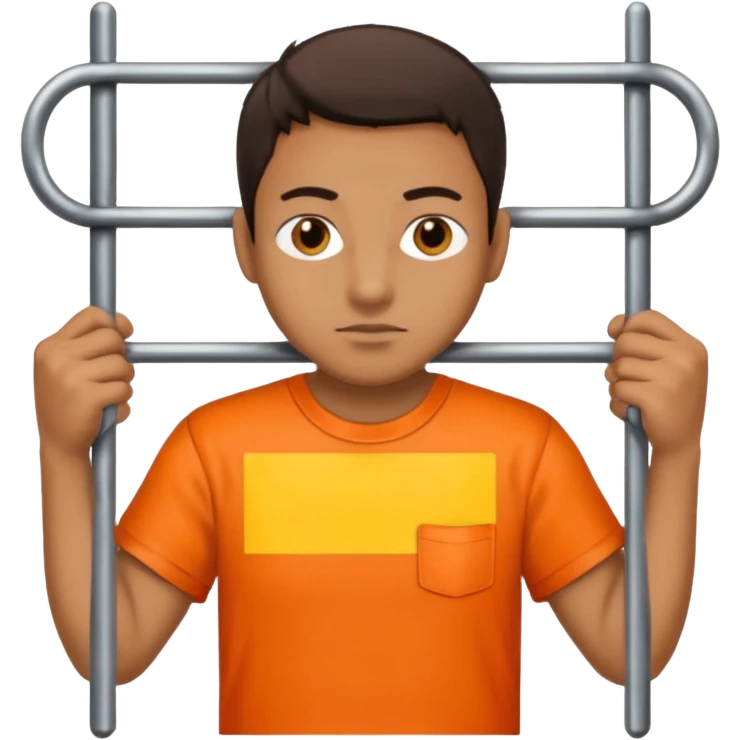 prisoner with orange shirt, metal bars in front of him and he holds the bars emoji