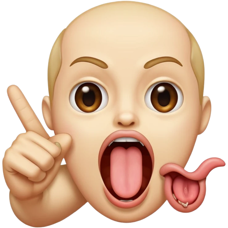 A finger pointing at an open mouth with the tongue out to indicate hungry emoji