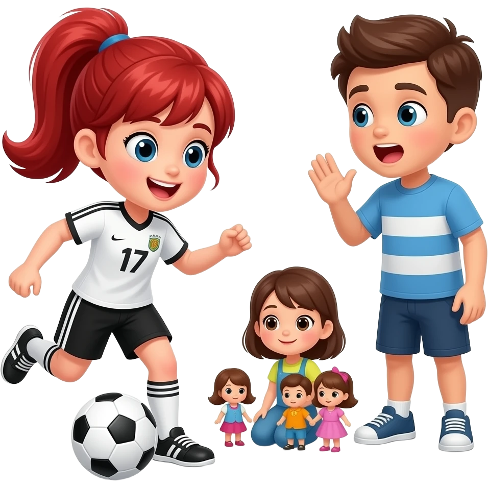 Due vignette orizzontali, nella prima una ragazza che gioca a calcio e che indossa dei pantaloni corti neri , dei capelli rossi  in una coda  che gioca a calcio e una ragazzo gli urla (vignetta vuota) nella seconda un ragazzo che gioca con le bambole e sua sorella gli dice (vignetta vuota) emoji
