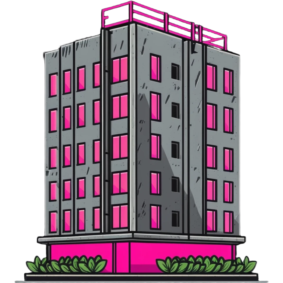 Soviet-era concrete panel apartment building with bright neon pink glow from a window where plants are growing emoji