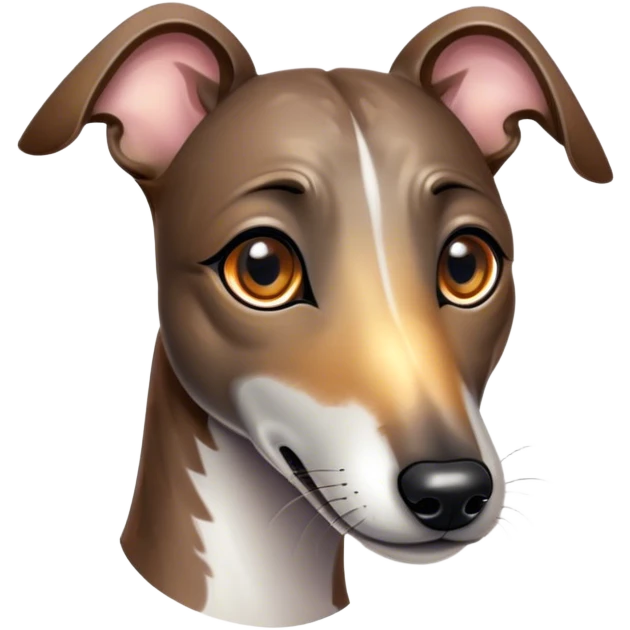 Cinematic Cute Brindle Greyhound Portrait Emoji, Head tilted playfully and inquisitively, featuring a sleek brindle Fur with subtle variations and round, sparkling eyes filled with curiosity, Simplified yet irresistibly adorable features, highly detailed, glowing with a warm, friendly glow, high shine, affectionate and nimble, stylized with a touch of whimsy, bright and endearing, soft glowing outline, capturing the essence of a mischievous yet loving companion, so playful it feels like it could sprint out of the screen and into your arms! emoji