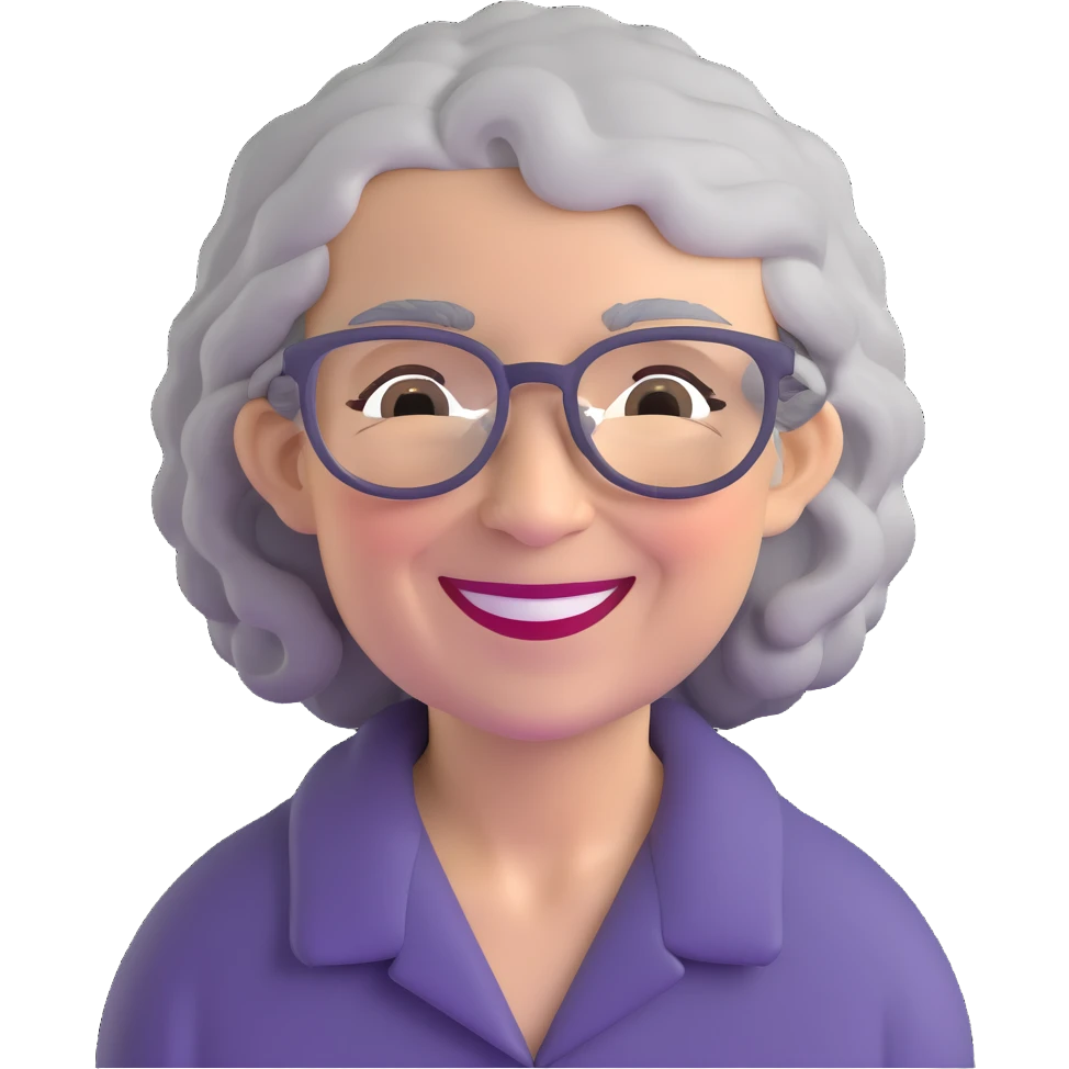 smiling elderly Caucasian woman with grey curly hair and glasses emoji