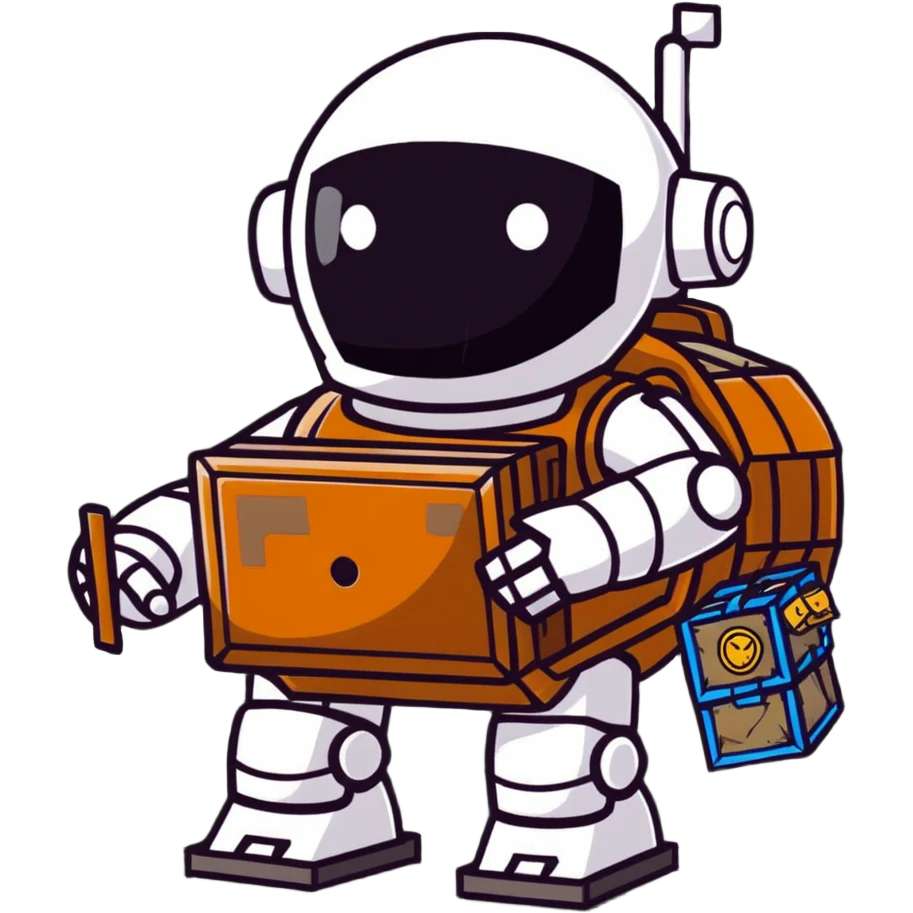 Rusted scavenger robot with patchwork body plates carrying collected treasures emoji