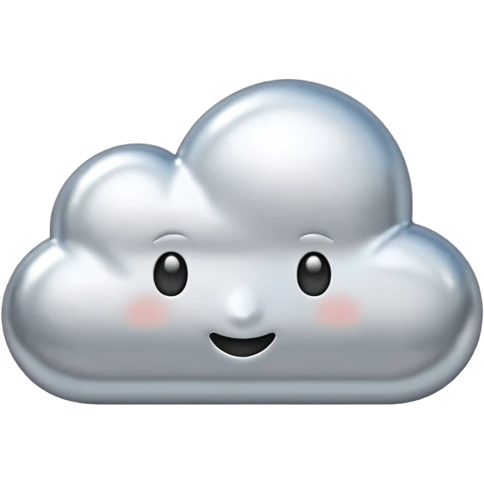 A cute cloud emoji made of silver chrome, smooth rounded shape, glossy metallic surface, soft reflections, minimal and friendly design, iOS emoji style, centered, clean white background, soft lighting emoji